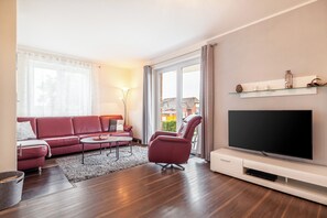 Téléviseur, foyer, lecteur de DVD, livres
