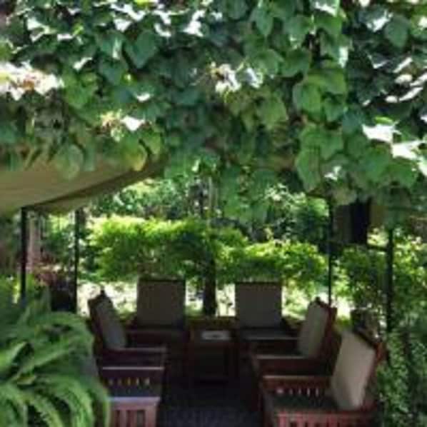Relax in a serene outdoor setting surrounded by lush greenery and a shaded canopy.
