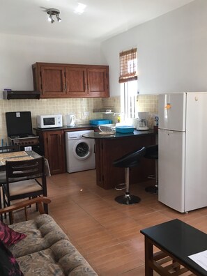 Compact kitchen area with microwave, kettle, toaster, washing machine, and refrigerator. Dining table and sofa nearby.