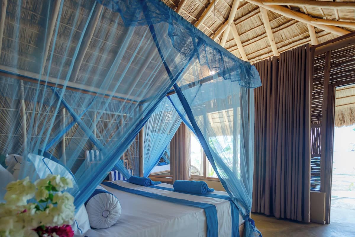 A room with a bed, a canopy, and a view of the outdoors.
