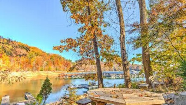 A wooden table with benches in a natural setting by a river. - Perfect lakefront house in quite cove! Walking distance to Mt Lake Marina. <br> (Rocky Top)