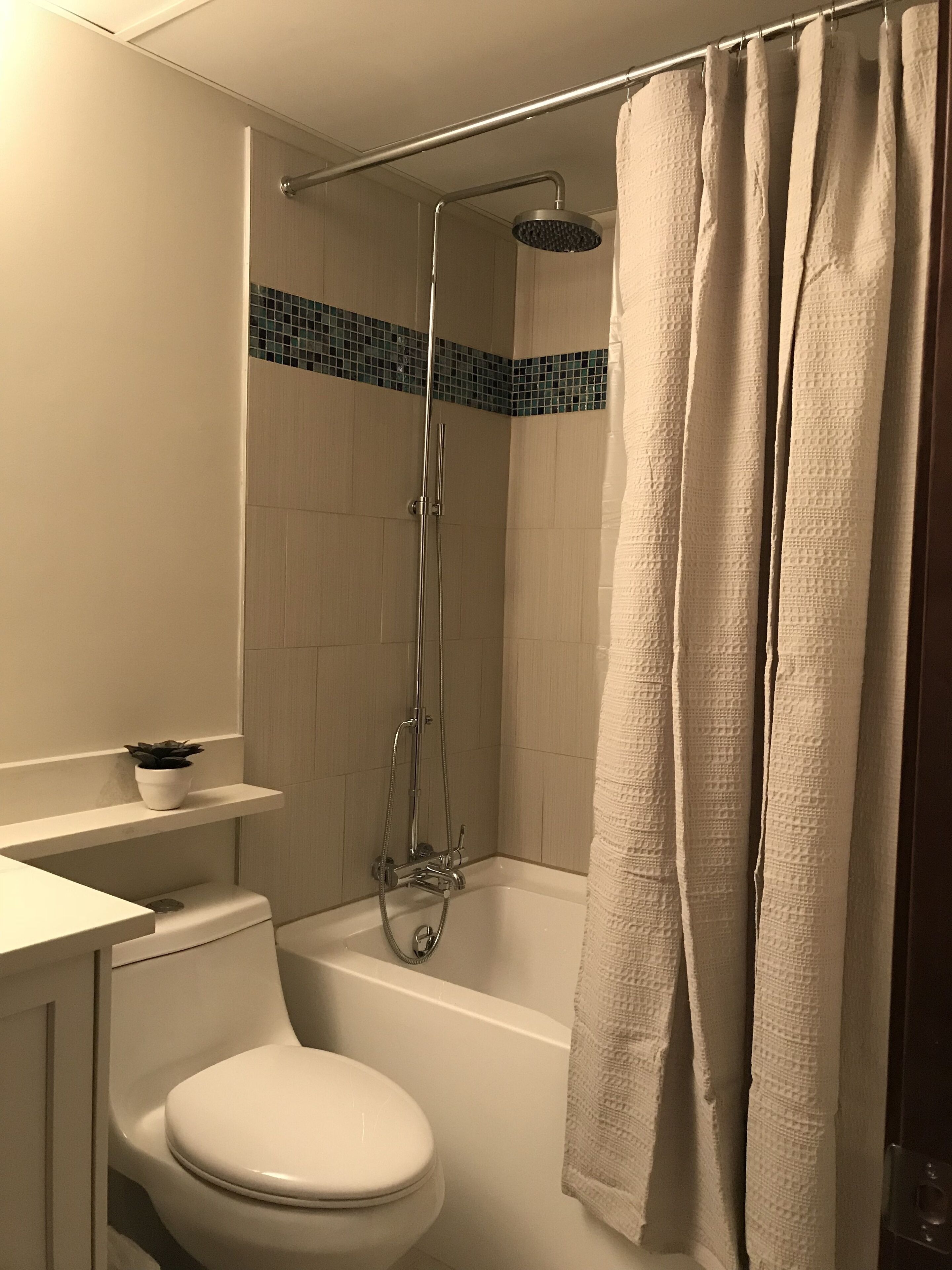 Combined shower/tub, hair dryer, towels, toilet paper