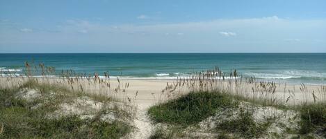 On the beach, sun loungers, beach towels