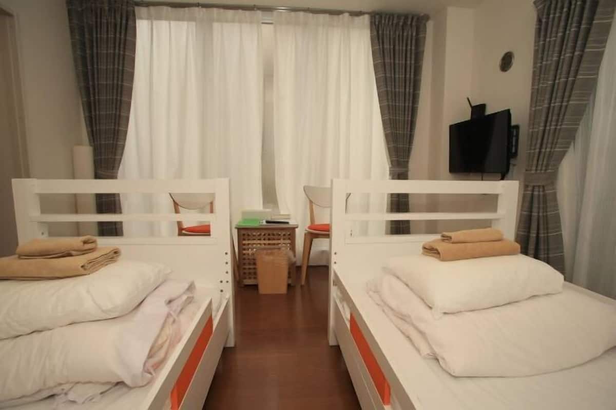 Blackout drapes, WiFi (free), bed sheets