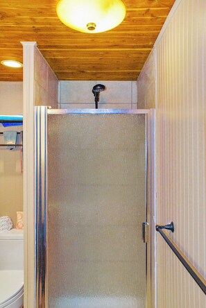 A shower with a glass door, wooden ceiling, and a light fixture. - Charming Creekside Cabin w/ Hot Tub, Fire Pit & Natural Rock Waterfalls (Wimberley)