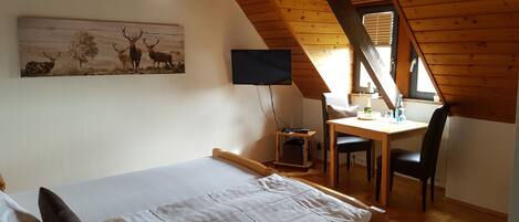Un dormitorio con una cama, un escritorio y una silla.