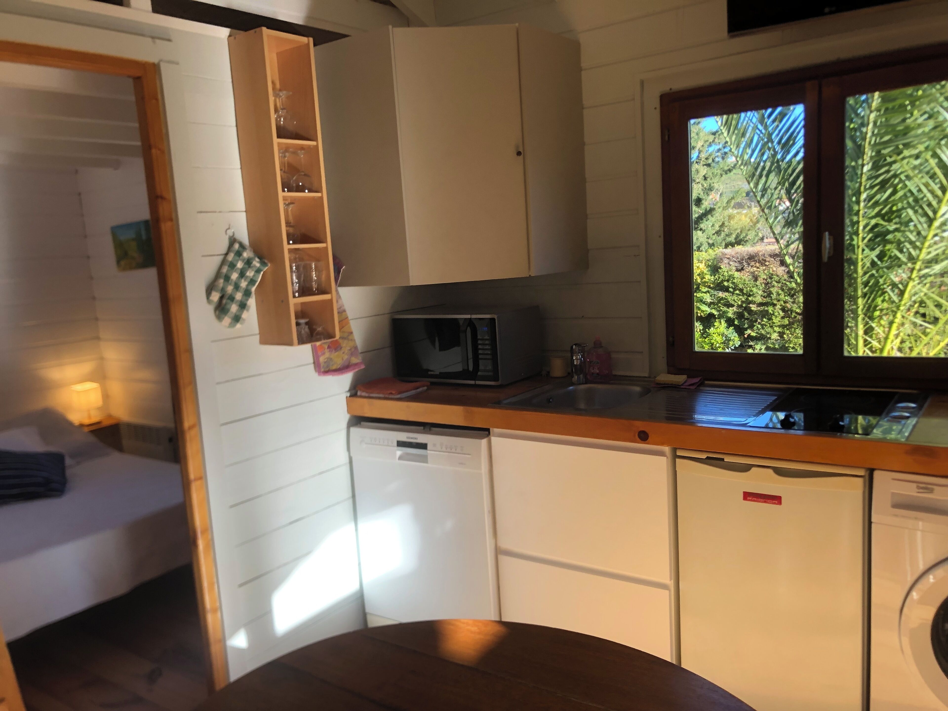 A compact kitchen with a microwave, sink, and a window with a view of greenery.