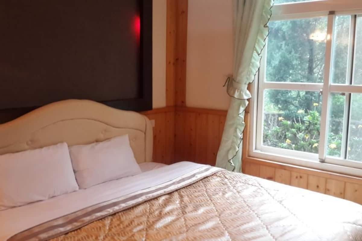 Ein Bett mit weißem Kopfteil und zwei Kissen, ein Fenster mit Vorhängen und Blick auf Grünlandschaft.