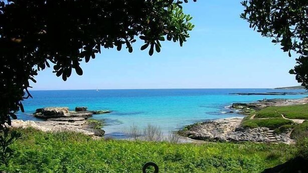 Paisagem costeira com águas azul-claras, costas rochosas e vegetação verde.