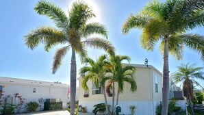 Casa móvel térrea com fachada bege, cercada por um jardim paisagístico com palmeiras e arbustos diversos.