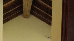 Una stanza con soffitto in legno, un divano bianco con cuscino floreale e un quadro appeso al muro.