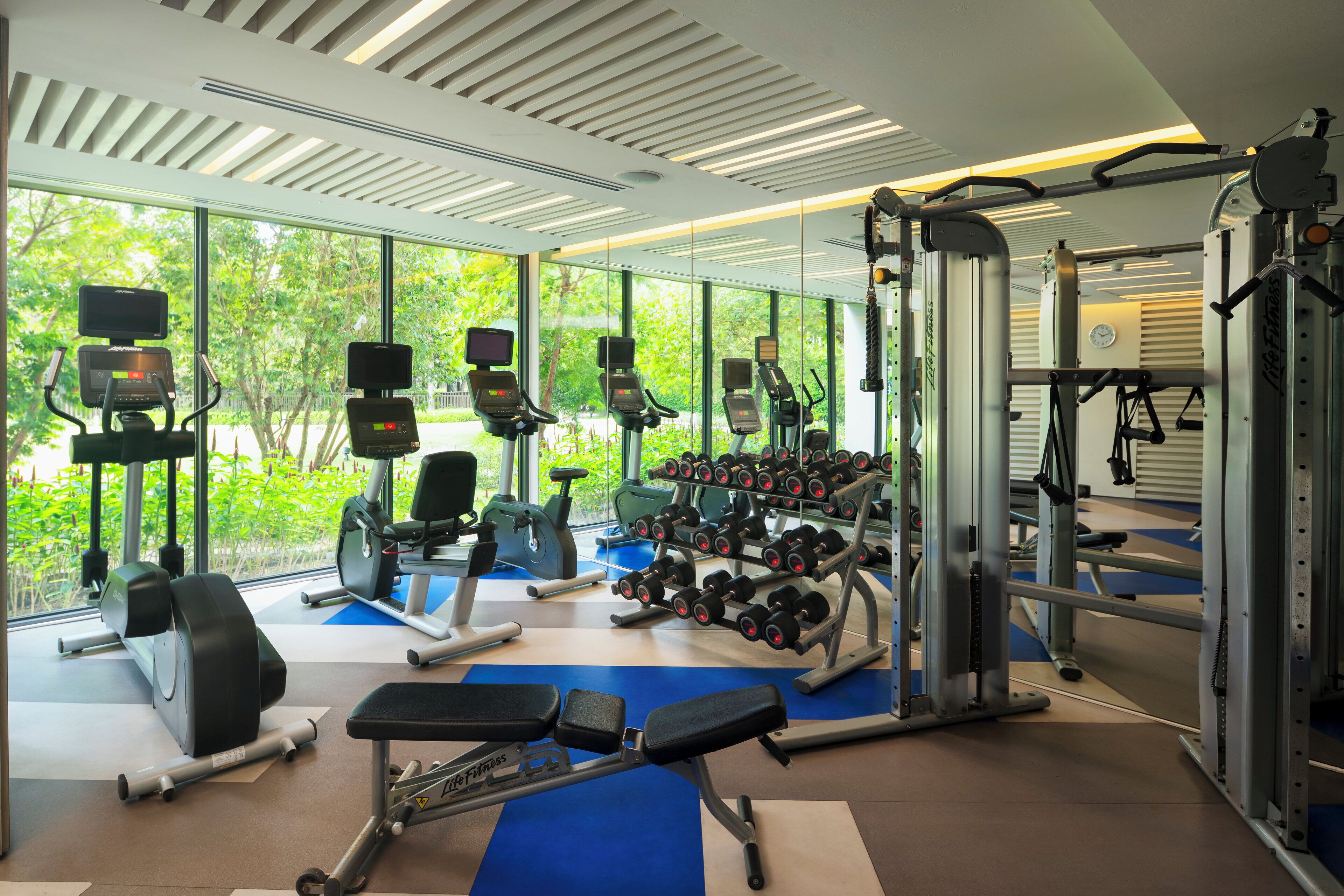 A gym with cardio machines, dumbbells, and weightlifting equipment.