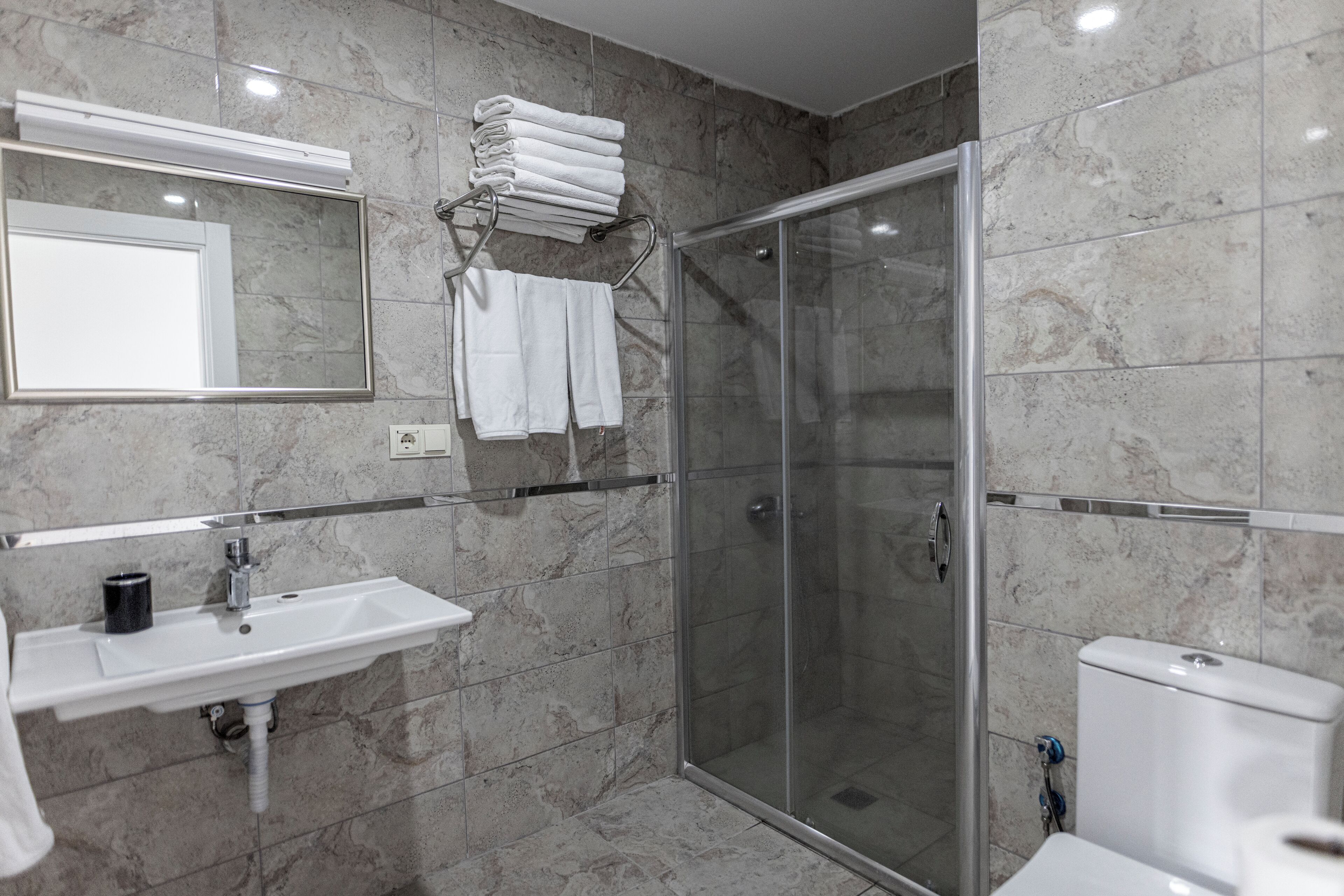 A modern bathroom with a glass-enclosed shower, a white sink, and a mirror above it.
