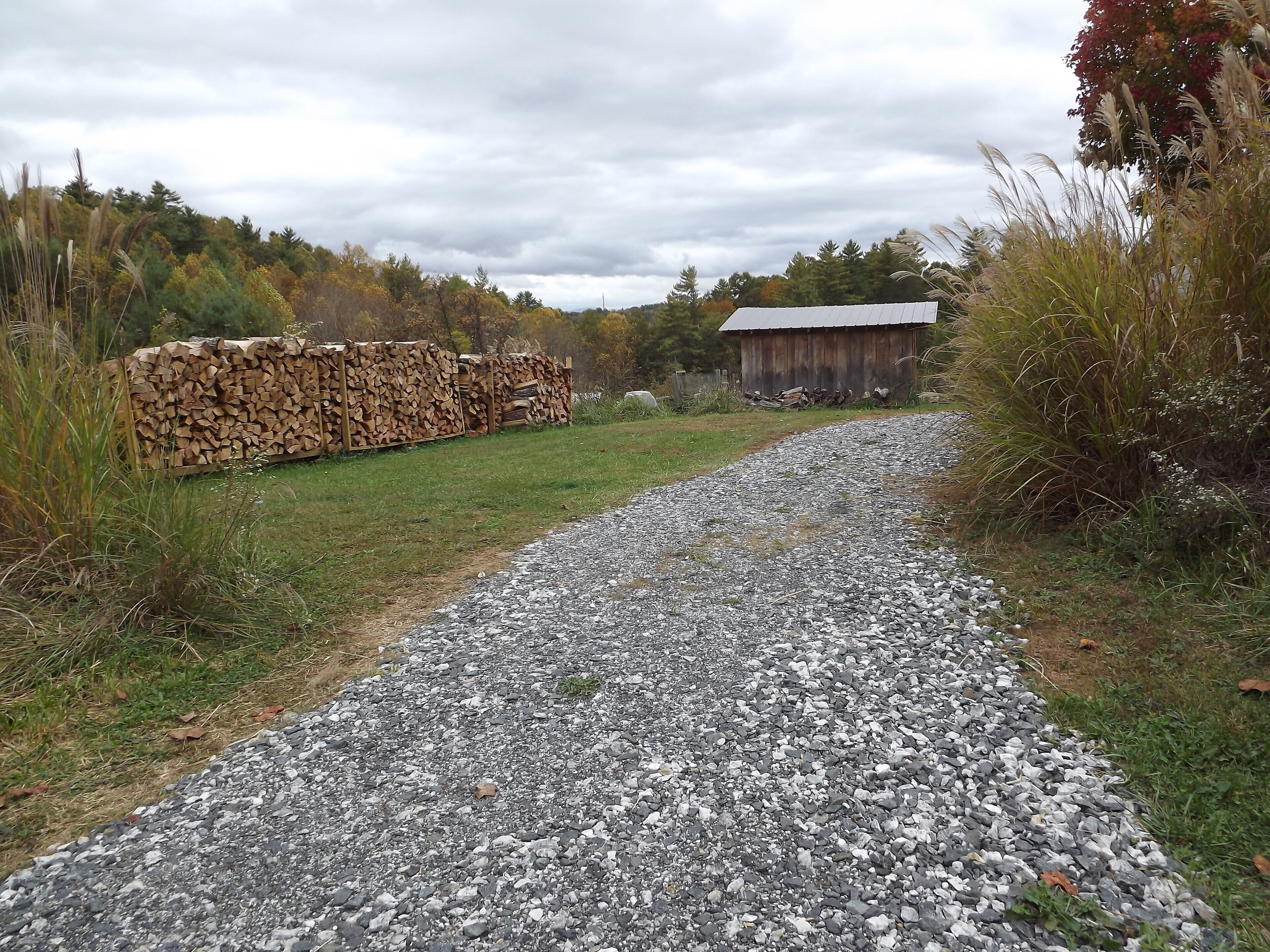 A gravel path leading to a rustic wooden building with a metal roof, surrounded by a natural landscape with trees and grass.