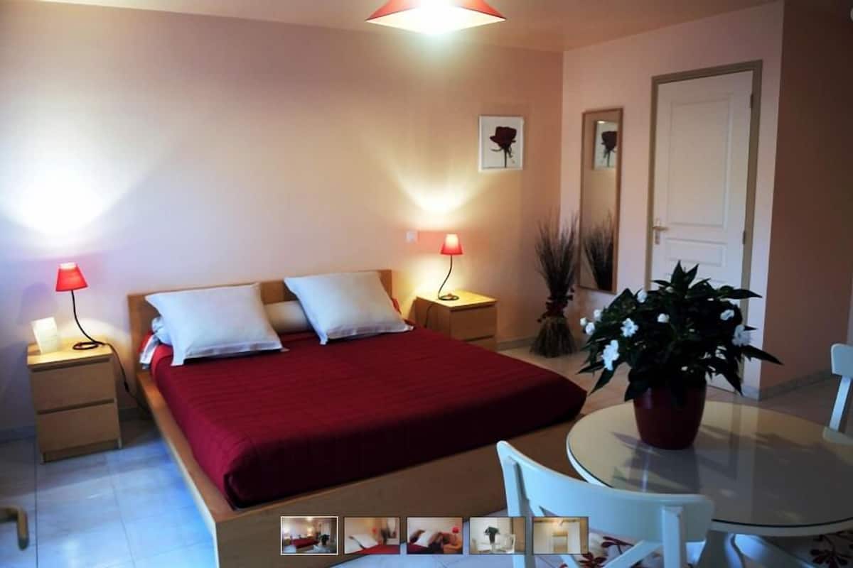 A bedroom with a bed, bedside tables, a round table with chairs, a potted plant, and a door.