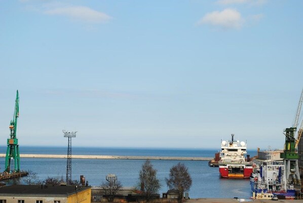 Un puerto con un gran barco de carga atracado, grúas y edificios industriales.