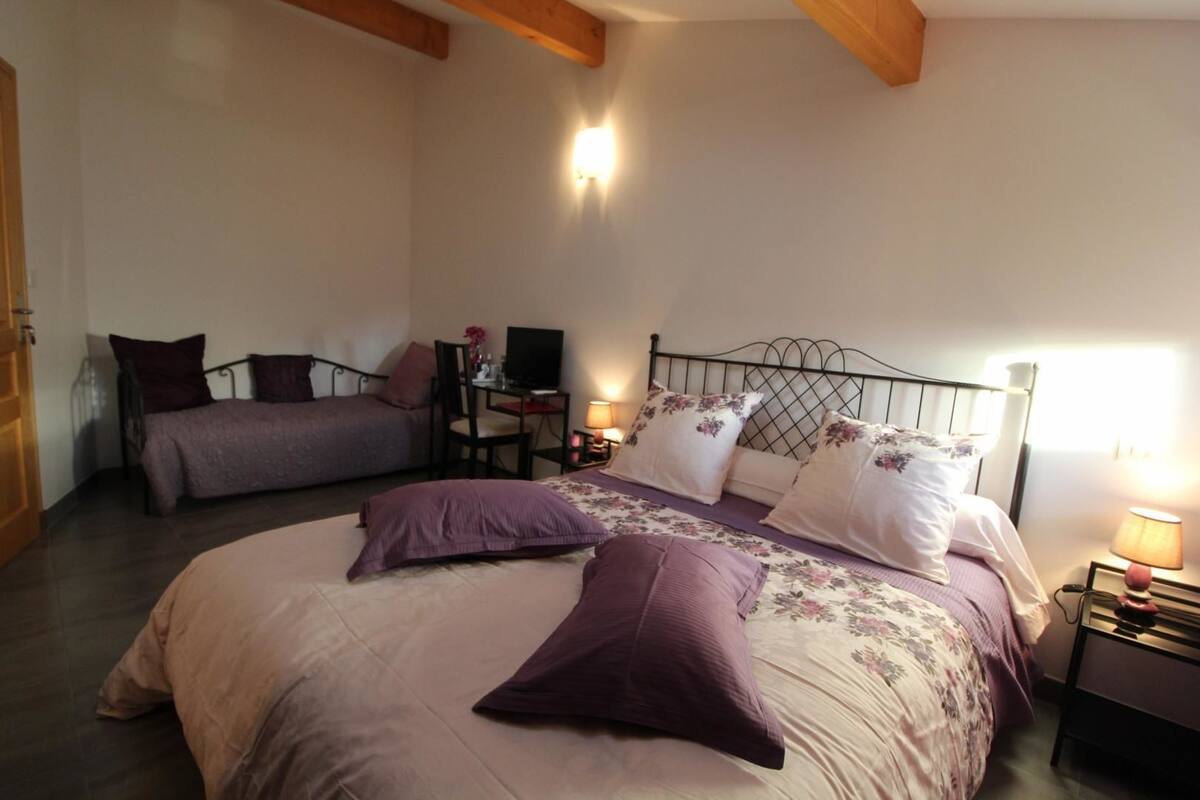 A bedroom with two beds, a desk with a chair, a TV, and a lamp.