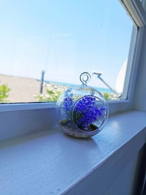 A clear glass ornament with blue flowers on a windowsill. - 180 Degrees sea view house (Oamaru)