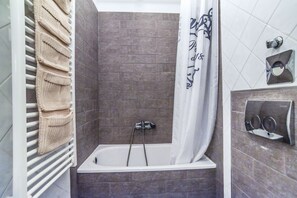 Hair dryer, towels, soap, shampoo