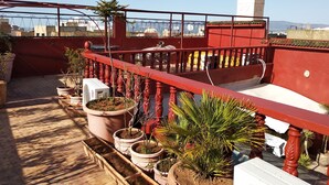 A rooftop terrace with potted plants, a red railing, and a view of the cityscape. - Riad Bab Berdaine (Meknes)