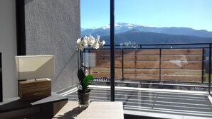A balcony with a view of snow-capped mountains, a potted plant, and a wooden bench. - Superb entirely new housing (Leychert)
