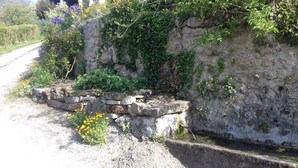 A rustic stone wall with a narrow path beside it, overgrown with greenery and flowering plants. - Superb entirely new housing (Leychert)