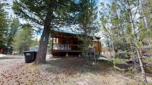 Une cabane dotée d’un porche, entourée d’arbres et offrant une vue sur un ciel dégagé.