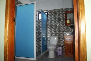 Shower, towels, toilet paper