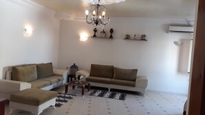 Una sala de estar con dos sofás, una mesa de centro y objetos decorativos en estantes.