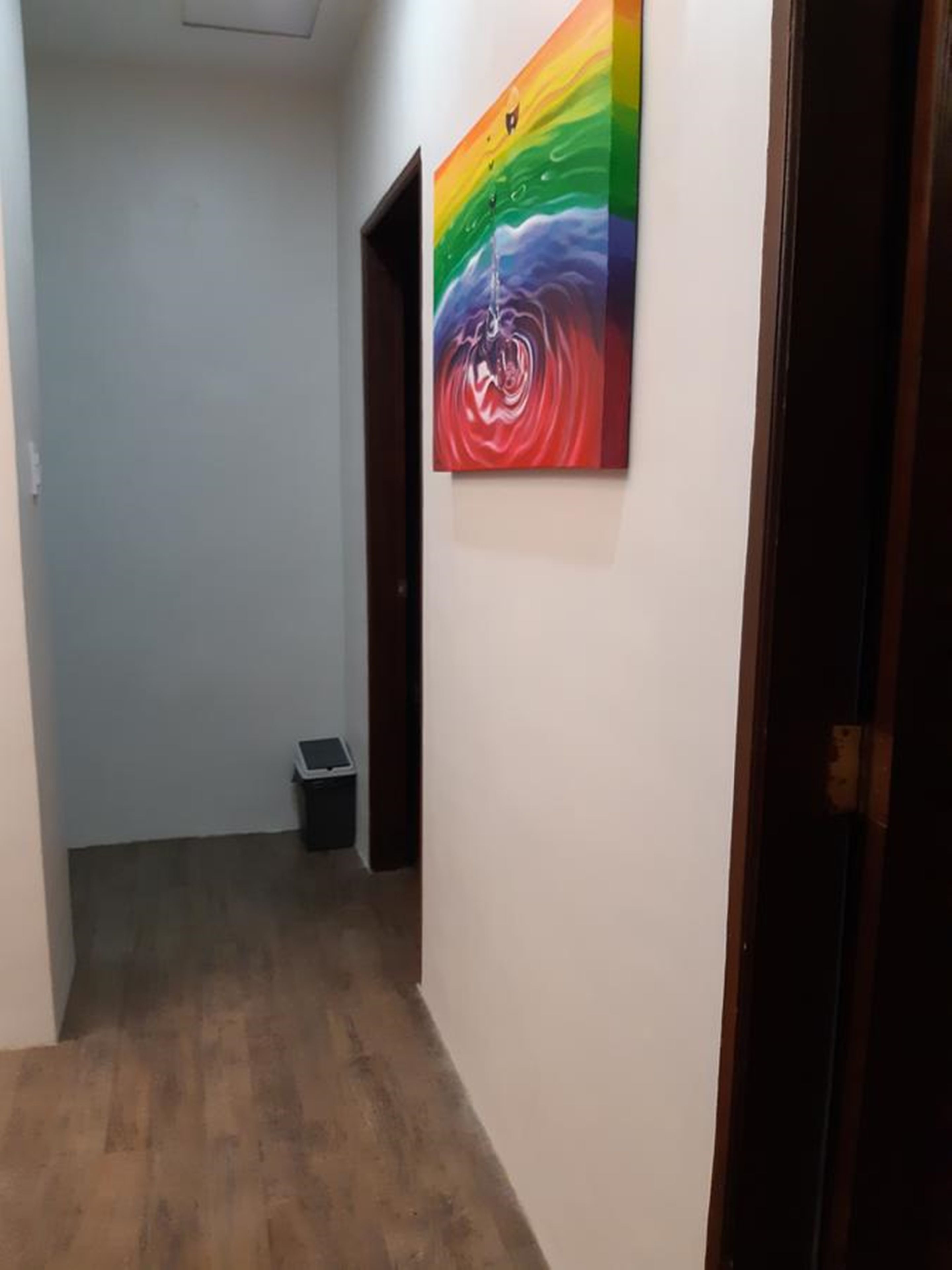 A hallway with a wooden floor, a trash bin, and a colorful painting on the wall.