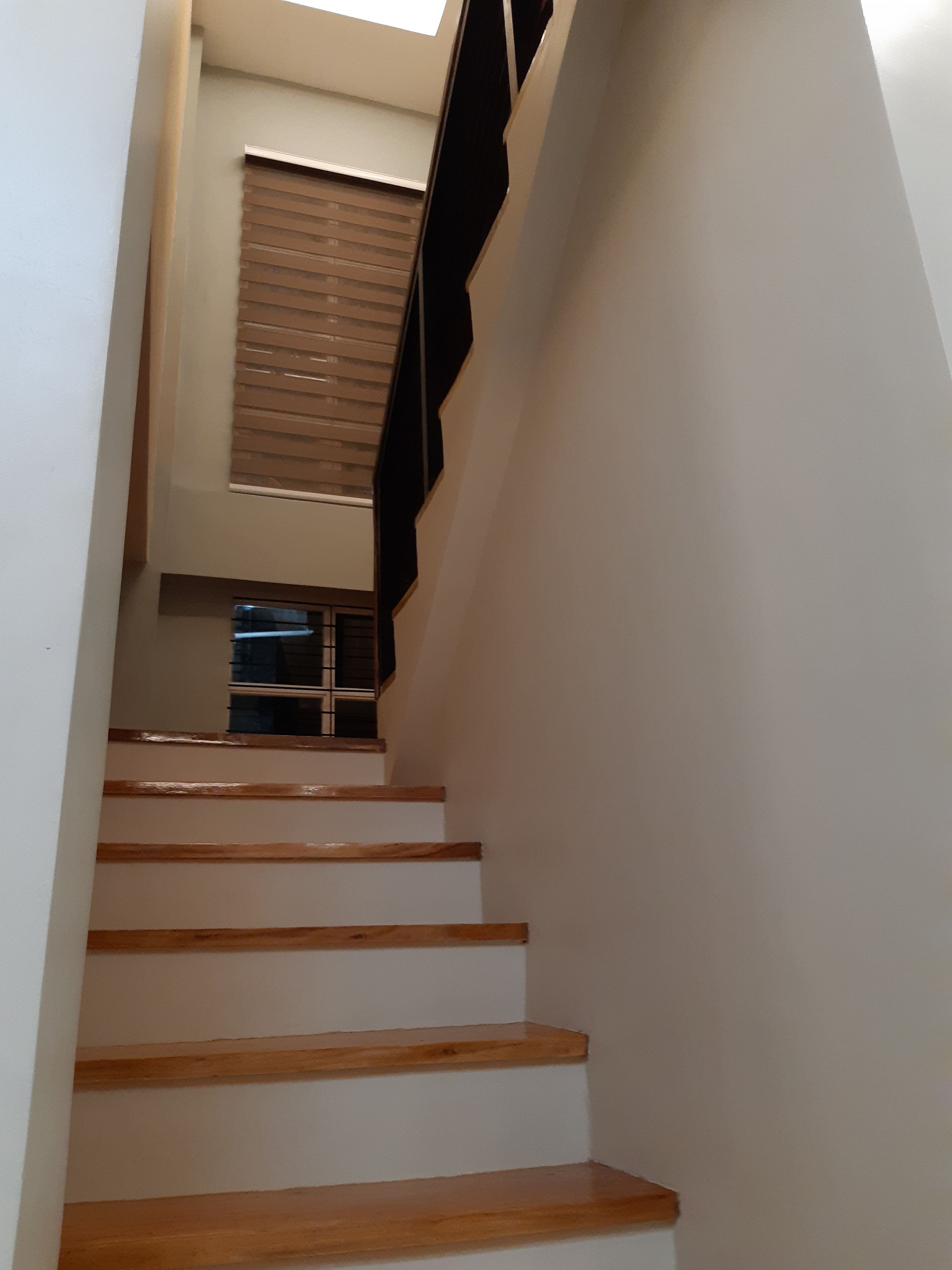 Un escalier avec des marches en bois et une rampe noire, menant à une pièce dotée d’une fenêtre et de stores.