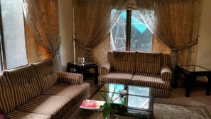 Chambre Deluxe double, 1 grand lit et 1 canapé-lit, fumeur, vue sur le jardin | Aire de séjour | Téléviseur à DEL de 32 po avec chaînes spécialisées, téléviseur, foyer