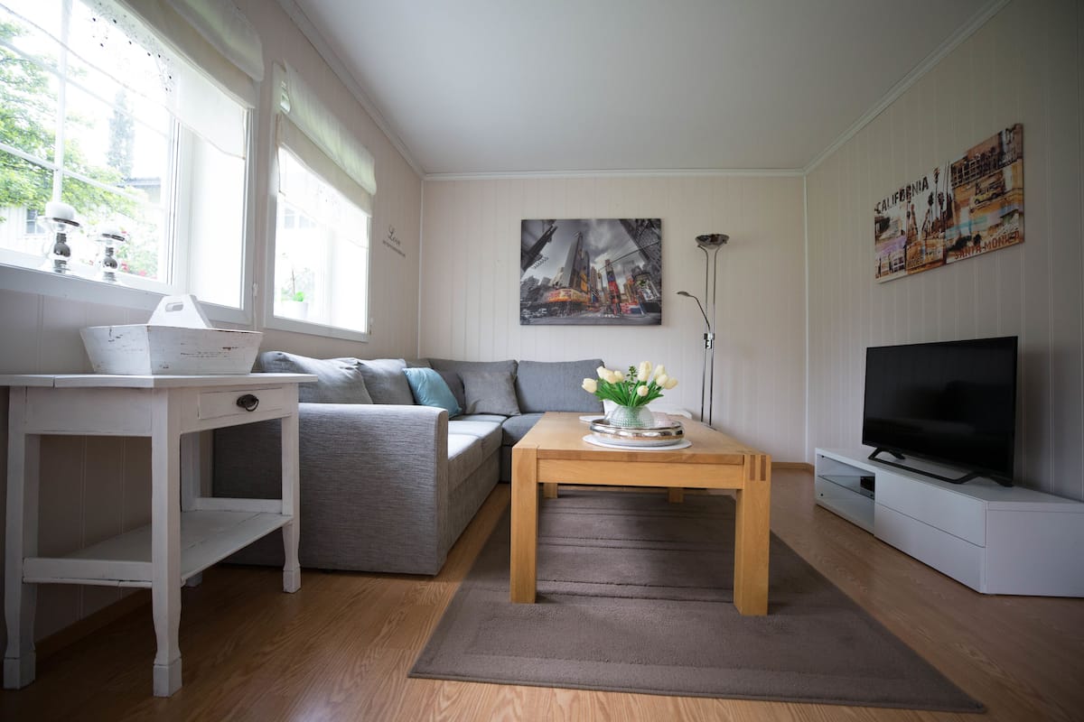 Un salon avec un canapé, une table basse, un téléviseur et un tableau accroché au mur.