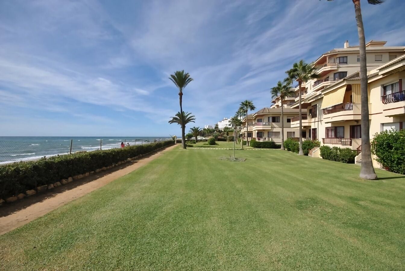 A well-maintained lawn with a pathway leading to a beachfront.