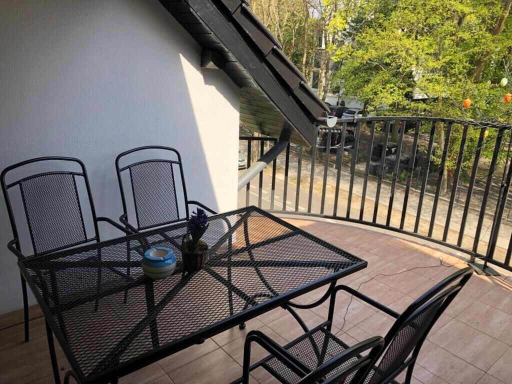 A balcony with a metal table and chairs, a small plant, and a railing.