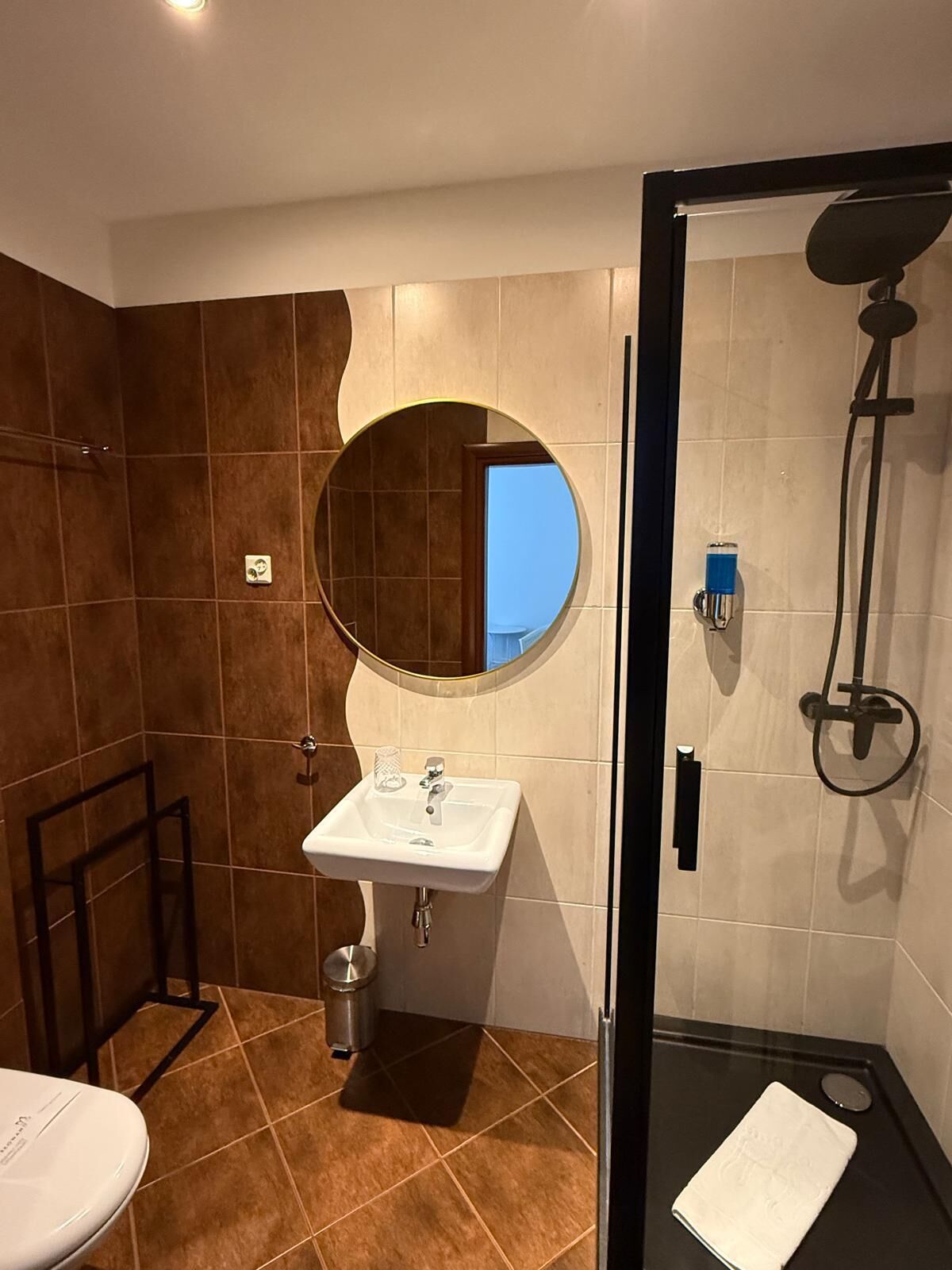 A bathroom with a shower, a sink, and a toilet.