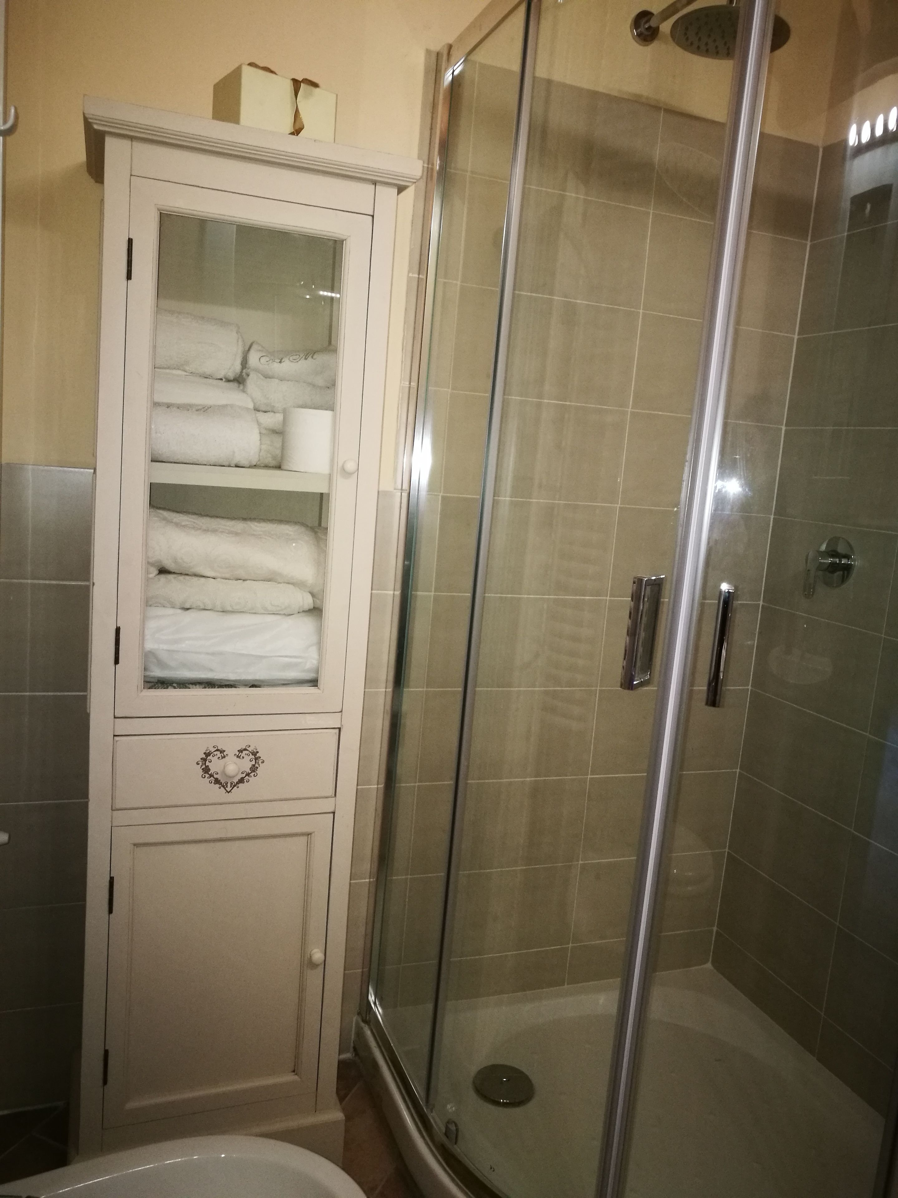 A bathroom with a glass-enclosed shower, a white cabinet with towels, and a toilet.