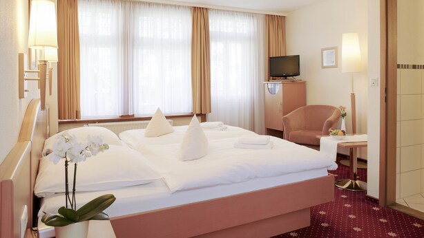 Una habitación de hotel con una cama grande, un televisor sobre un atril de madera, un escritorio con una silla, y un jarrón con flores.