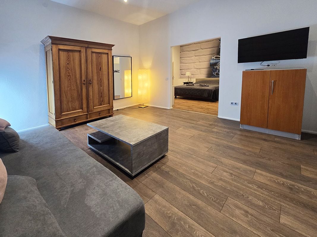 Una sala de estar moderna con un sofá, una mesa de centro, un armario, un televisor y una cama con un fondo de pared de piedra.