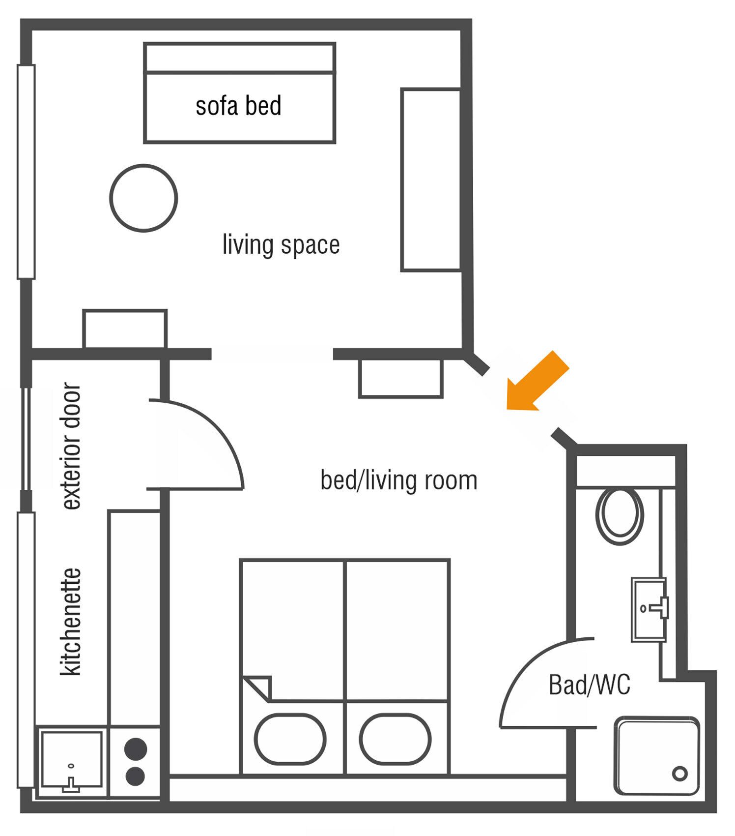 A floor plan with a sofa bed in the living space, a kitchen, a bathroom, and a separate bedroom with a toilet.