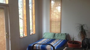 Un dormitorio con cama, planta en maceta, silla y ventilador de techo.