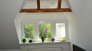 A skylight with wooden beams, a window with a view of trees, and a potted orchid on the sill. - Sonnenhaus Ferienwohnungen (Traben-Trarbach)