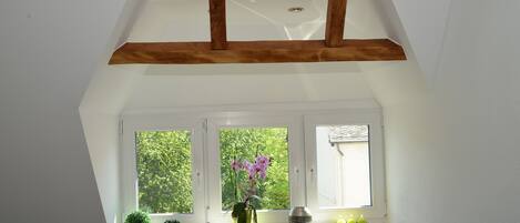 Ein Oberlicht mit Holzbalken, ein Fenster mit Blick auf Bäume und ein Orchideenstrauch auf dem Fensterbrett.