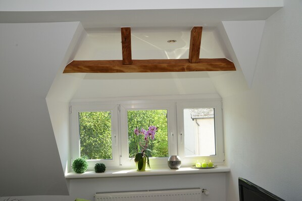 A skylight with wooden beams, a window with a view of trees, and a potted orchid on the sill.