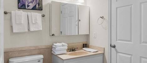 A bathroom with a toilet, sink, and mirror. There are towels on the wall and a painting above the mirror.