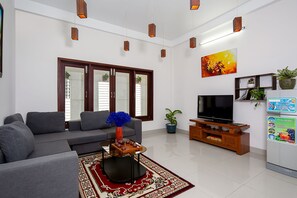 TV, peis, bøker og musikkbibliotek