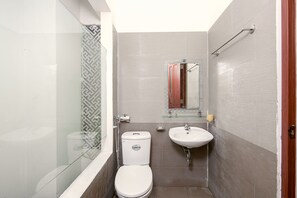 Shower, hair dryer, bidet, towels