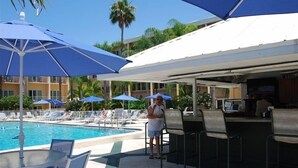 Un espace aménagé au bord de la piscine, avec des chaises longues, des parasols et un bar.