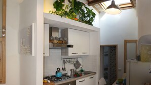 A compact kitchen with a gas stove, oven, and white cabinets. There are plants on a shelf above the counter and a hanging light fixture. - house in the medieval district of Tivoli (Tivoli)