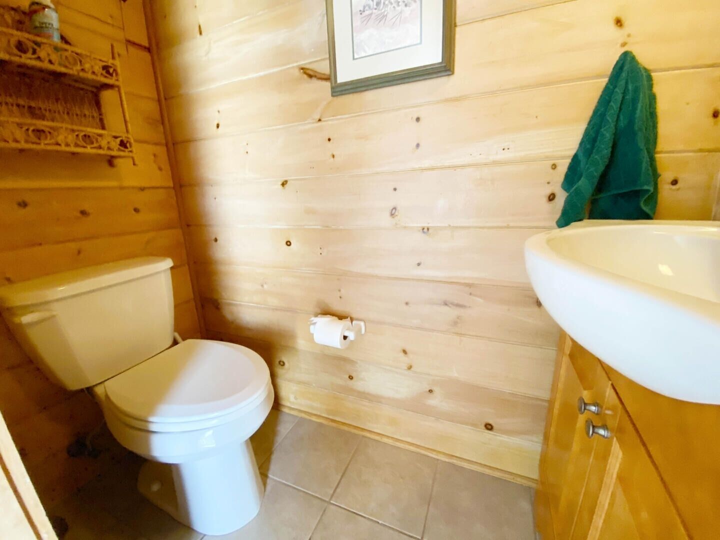 A wooden cabin bathroom with a toilet, sink, and framed picture on the wall.